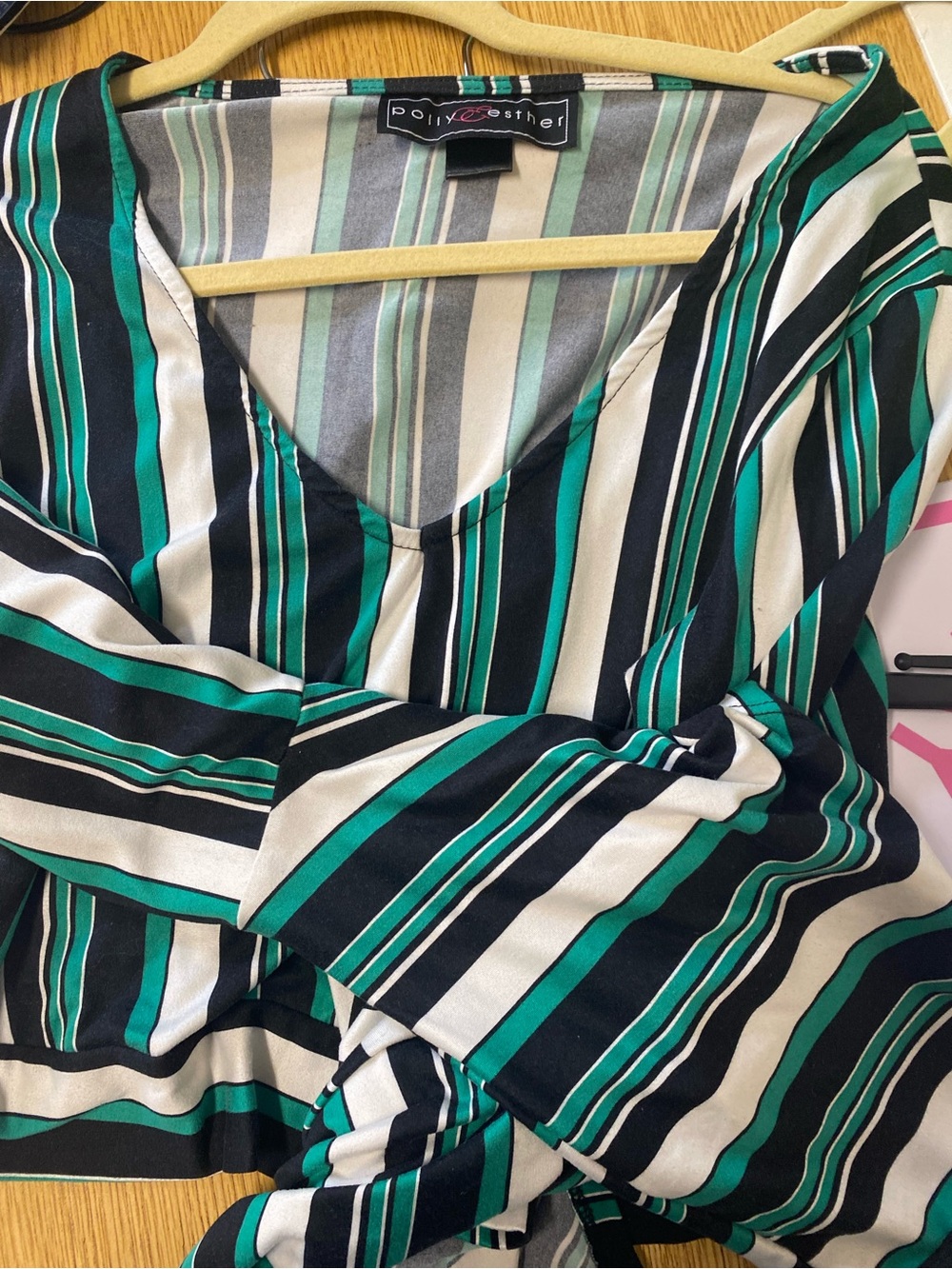 Polly & Esther Teal Black Cream Striped V-Neck Top